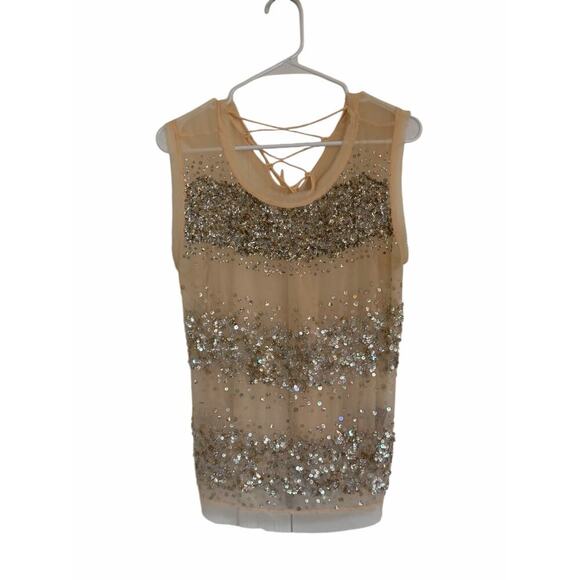 All Saints Women's Medium Beige Round Neck Top Restrain Beaded Hand Embellished - Picture 3 of 13